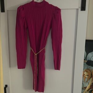 Elegant Magenta Knit Dress with Chain Detail